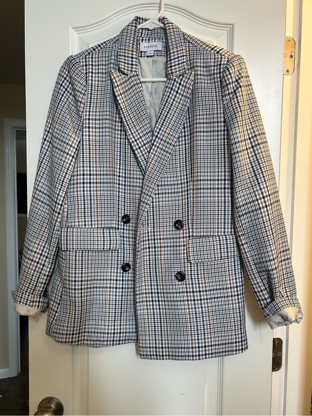 Evereve Navy, Light Blue & Tan Plaid Double-Breasted Blazer
